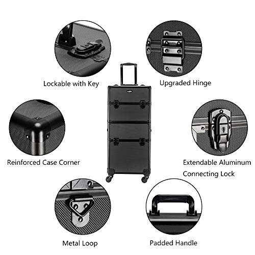 mefeir 2 in 1 Rolling Makeup Train Case Professional Cosmetic trolley on Wheels Aluminum Nail Cart Cosmetic Suitcase for professional makeup artist, Luggage Lockable w/4 Removable Wheels (Black) - color: 2IN1 Black