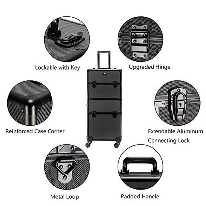 mefeir 2 in 1 Rolling Makeup Train Case Professional Cosmetic trolley on Wheels Aluminum Nail Cart Cosmetic Suitcase for professional makeup artist, Luggage Lockable w/4 Removable Wheels (Black) - color: 2IN1 Black