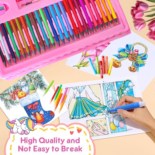 Art Supplies 332 Piece Drawing Art Kit Gifts for Girls Boys Kids Teens Gifts Art Set Case with Double Sided Trifold Easel, Stickers, Sketch Paper, Coloring Book, Pastels, Crayons, Pencils (Pink) - color: Pink