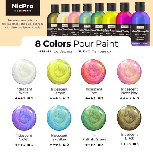 Nicpro 8 Colors Iridescent Metallic Acrylic Pour Paint Supplies Kit 8.45oz | Large Ready to Pour Premixed High Flow Pouring Paint Set with Silicone Pouring Oil, Gloves, Instructions for Beginner DIY - color: 8 Colors