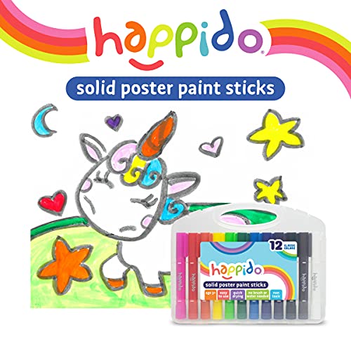 Happido Solid Poster Paint Sticks, Set of 12 - Non-Toxic, Mess-Free, and Quick Drying Variety Pack, Includes Bright, Vibrant, Classic Colors, Easy to Use, No Brush Needed