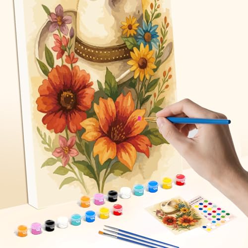 WEBEEDY 2 Pack Pre Drawn Stretched Canvas Kit for Adult Painting Flower Paint and Sip Set Coloring Outline Painting Board for Christmas Valentine's Day Paint Party Favor,8x10 Inch(Cowboy Boot and Hat)