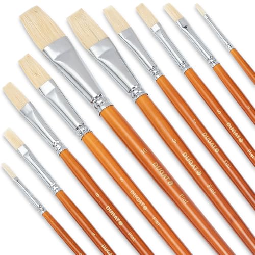 DUGATO Hog Hair Flat Paint Brush Set, 10-Piece Short Handle Brushes | Comfortable Wood Handle, Natural Bristle Flats for Acrylic, Oil, Gouache, Watercolor, Craft & Fabric Art - color: Brown - 10pcs Flat
