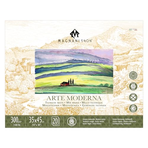 Magnani 1404 Arte Moderna Mixed Media Pad, 140 lb (300gsm), 14x18, 100% Cotton, Extra White, Vegan-Sized Mixed Media Paper for Wet and Dry Art, Absorbent, Acid-Free and UV Resistant - size: 14x18"