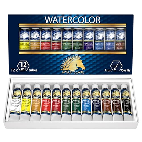 MyArtscape Watercolor Paint Set – 12 x 12ml Highly Pigmented Paint Tubes for Artists, Beginners & Hobbyists | Vibrant Transparent Colors for Blending & Layering