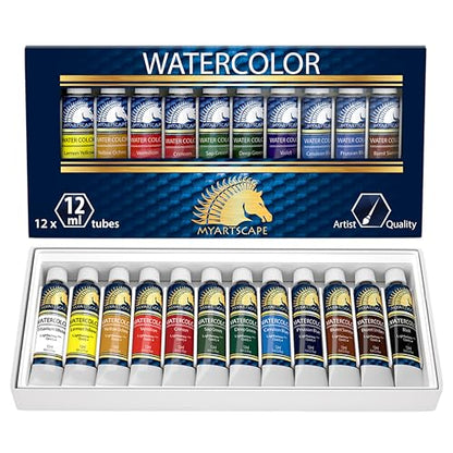MyArtscape Watercolor Paint Set – 12 x 12ml Highly Pigmented Paint Tubes for Artists, Beginners & Hobbyists | Vibrant Transparent Colors for Blending & Layering