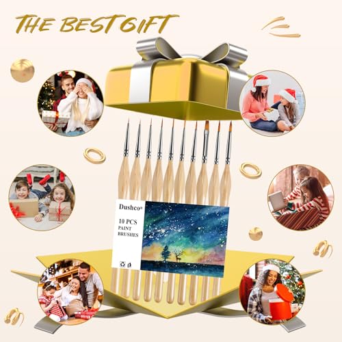 10 pcs Miniature Detail Paint Brushes Set - Precision Round & Filbert Brushes for Miniature, Model Painting, Watercolor & Figurines - Fine Tip Artist Brush Kit with Ergonomic Handle (Wood)