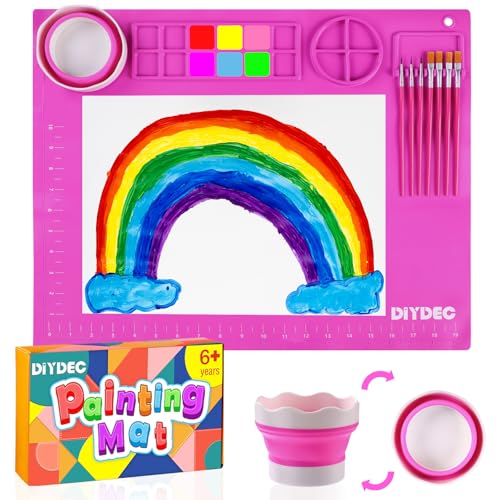 DIYDEC Silicone Painting Mat for Kids 20X16 Inch Large Art Mat with Detachable Cup &10 Painting Brushes Craft Sheets for Boy Girl Birthday Gift DIY Accessories (Rose Red) - color: Rose Red