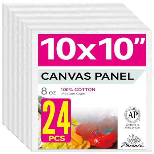 PHOENIX Painting Canvas Panels 10x10 Inch, 24 Bulk Pack - 8 Oz Triple Primed 100% Cotton Acid Free Square Canvases for Painting, White Blank Flat Canvas Boards for Acrylic, Oil Paints - color: White - Bulk Pack, size: 10" x 10"