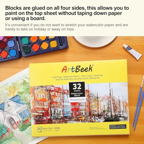 ArtBeek Watercolor Paper Block, Watercolor Block 100% Cotton 140g/300GSM (9X12 Cold Press)
