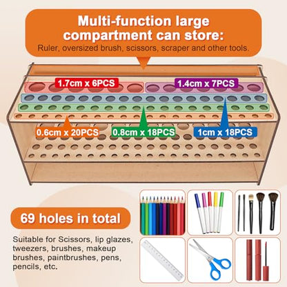 Wooden Paint Brush Holder with Wood Glue 69 Holes MDF Paintbrush Holder Organizer Artist Brush Holder Paint Brush Stand Rack for Artist Brushes Pens Pencils - style: 69 Holes