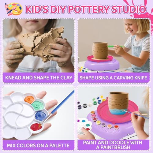 Cmiolacuna Pottery Wheel for Kids, Complete Kit with Air-Dry Clay，Ages 8-12 | Beginner pottery kit with air-dry clay, 12 paints, clay tools and apron - no kiln needed, screen-free craft gift ages 8-12 - color: Pink