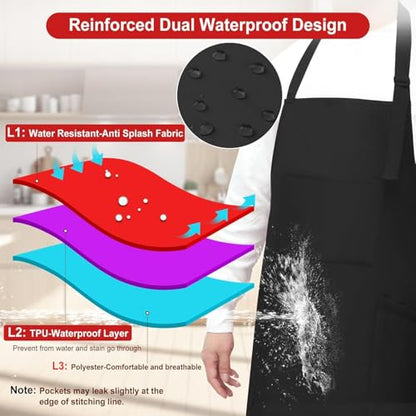 SHEOMERN 3 Pcs Dual Waterproof Oilproof Kitchen Chef Aprons with 4 Pockets for Men Women, Adjustable Soft Anti-Tear Cooking Bib Apron for Baking Grilling BBQ Painting Cleaning (Black) - color: Black