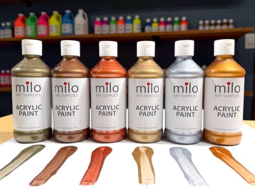 milo Metallic Acrylic Paint Set of 6 Colors | 8 oz Bottles | Student Metallic Colors Acrylics Painting Pack | Made in the USA | Non-Toxic Arts & Crafts Paints for Artists & Hobby Painters - style: Metallic Set 6 x 8 oz