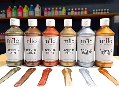 milo Metallic Acrylic Paint Set of 6 Colors | 4 oz Bottles | Student Metallic Colors Acrylics Painting Pack | Made in the USA | Non-Toxic Arts & Crafts Paints for Artists & Hobby Painters - style: Metallic Set 6 x 4 oz