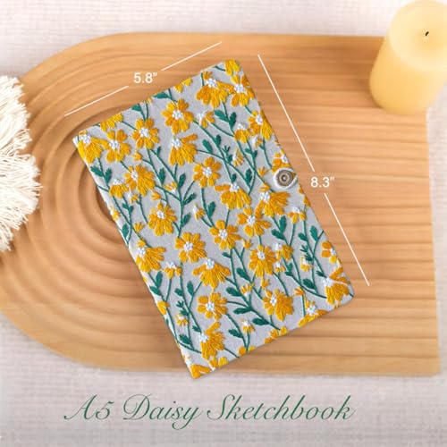 Daisy Gift, Flower Journal, Embroidered Notebook, Beautiful Journals for Women, Notebook 8"x6", Hardcover, Lay Flat, A5 Sketchbook, Unlined Notebook, Writing Journal, Yellow Daisy - color: A5-Button-Yellow, style: Minimalist
