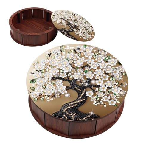 JZHYOAN DIY Diamond Art Snack Box with Lid Tree Special Pattern Wood Container Holder Movie Snack Tray Organizer for Home Bedroom Relaxing Leiture Desktop Snack Storage Handmade Art Decorations - color: Off-white Flower