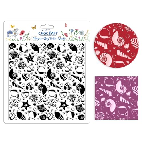 CHGCRAFT Seashell Silhouette Polymer Clay Texture Sheets Coral Silicone Texture Stamp Bubbles Clay Texture Mat Modeling Pattern Pad Texture Sheets for Jewelry and Clay Earrings Tools, 5.5x5.5 inch - style: Seashell