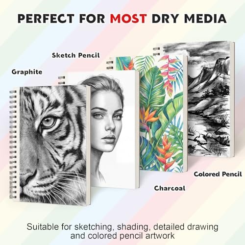 9" x 12" Sketch Book, 2-Pack 50 Sheets Top-Spiral Bound Sketchbook Drawing Pad, 100gsm Perforated Pages Art Supplies for Beginner Artists Students Drawing Painting Sketching - size: 9x12