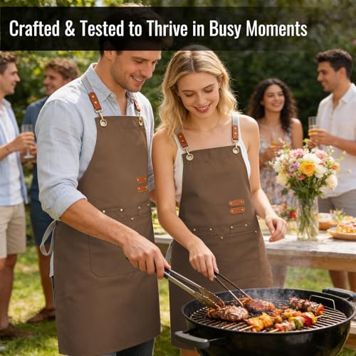 Aoomzoon Durable Kitchen Apron,Multifunctional Chef Aprons for Women & Men with Pockets for Cooking Baking & Daily Use - color: Brown