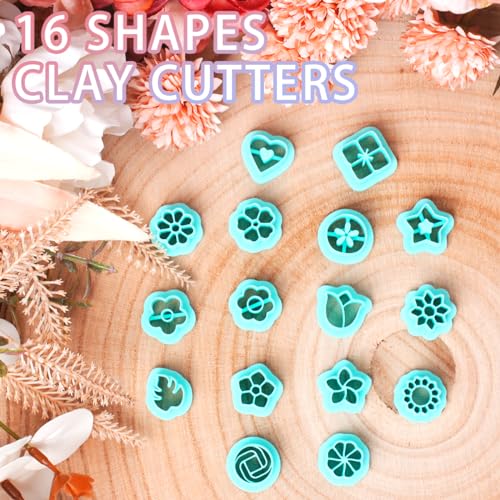 TAINSKY Floral Clay Earrings Cutters, 16 Shapes Flower Studs for Polymer Clay Jewelry, Small Clay Cutters for Earrings, Spring Clay Cutters for Polymer Clay Jewelry, Stud Clay Earring Cutters