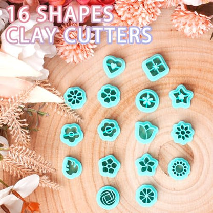 TAINSKY Floral Clay Earrings Cutters, 16 Shapes Flower Studs for Polymer Clay Jewelry, Small Clay Cutters for Earrings, Spring Clay Cutters for Polymer Clay Jewelry, Stud Clay Earring Cutters