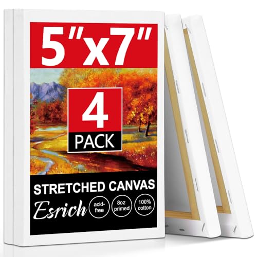 ESRICH Small Canvases for Painting 5x7, 4 Pack Stretched Canvases for Painting 5/8" Profile Primed Acid Free Painting Canvas for Kids for Oil Paint, Watercolor, Acrylic Paint, Gouache, Tempera. - size: 5x7in