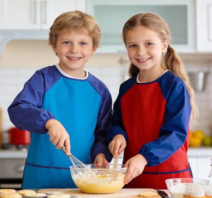 2 Pack Kids Art Smock Waterproof with Long Sleeve and 3 Roomy Pockets Artist Children Aprons for Toddlers Age 3-8 Painting Crafts（Red+Lake Blue） - color: 2 Pack Red+lake Blue