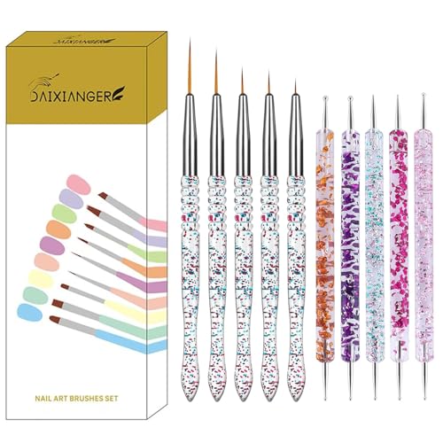 10Pcs Nail Art Brush Set, 5Pcs Double-Ended Dotting Tools & 5Pcs Fine Liner Brushes, Nail Design Brushes Kit for Detailing, Dotting & Striping Designs - color: 10Pcs Art Brushes