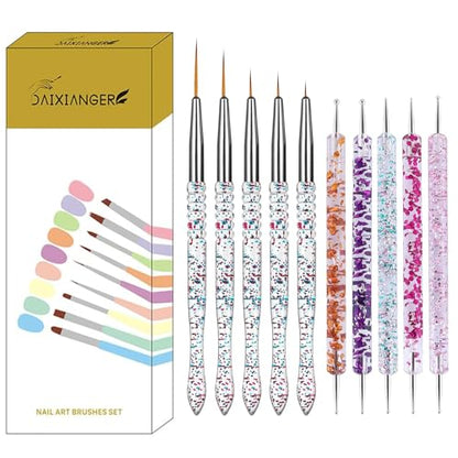 10Pcs Nail Art Brush Set, 5Pcs Double-Ended Dotting Tools & 5Pcs Fine Liner Brushes, Nail Design Brushes Kit for Detailing, Dotting & Striping Designs - color: 10Pcs Art Brushes