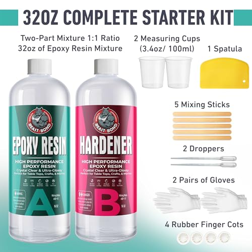Beast Bond Crystal Clear Epoxy Resin Kit 32oz, Self-Leveling, Ultra-Glossy, Bubble Free, UV & Moisture Resistant Resin Kit for Art, Jewelry, Tabletops, Wood Finishes, Marine, Easy 1:1 Mix, DIY Crafts | Self-Leveling, Ultra-Glossy, Bubble Free, UV & Moistu