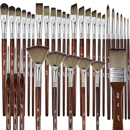 Bougimal 33 Pcs Paint Brush Set, Artist Paint Brushes for Acrylic Painting, Oil, Watercolor, Gouache, with Flat Round Filbert Fan Angle Detail Brush, Suitable for Artists and Beginners (Tawny) - color: Tawny