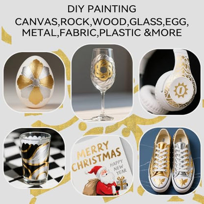 TRANSON 4 Silver and 4 Gold Paint Markers Brush and Bold Dual-tip Acrylic Paint Marker Set for Rock Painting Glass Canvas Wood Leather Ceramic Painting - style: Bold and Brush 4 Gold and 4 Silver