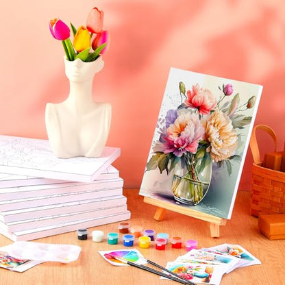 Humyoun 8 Sets 8" x 10" Flower Pre Drawn Canvas to Paint for Sip and Paint Party Floral Predrawn Coloring Set Pre Sketched Canvas Boards with Paints and Brushes for Adult - style: Flower