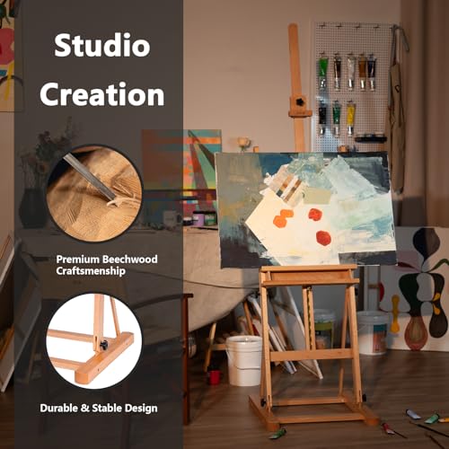 DJAR Large H-Frame Art Easel for Painting, Hold Canvas up to 49’’, Natural | Solid Beech Wood Adjustable Floor Stand with Storage Tray, Premium Art Supplies for Professional Artists, Students and Adults