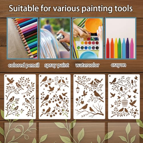 4 Sheets Bird Branches Stencils for Painting, 4 Styles Large Reusable Birds on Tree Drawing Template Birdcage Tree Silhouette Templates for Painting on Canvas Wood Wall Home Decor - style: Bird Branches