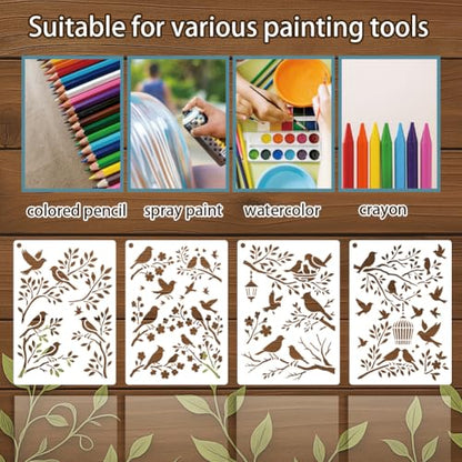 4 Sheets Bird Branches Stencils for Painting, 4 Styles Large Reusable Birds on Tree Drawing Template Birdcage Tree Silhouette Templates for Painting on Canvas Wood Wall Home Decor - style: Bird Branches