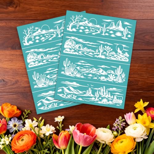 2 Sheets Desert Landscape Silk Screen Stencil, Cactus Mesas Coyotes Self-Adhesive Silk Screen Printing Stencils Reusable Mesh Stencil for Painting on Wall, Wood, T-Shirt, Home Craft Decor - style: Desert Landscape