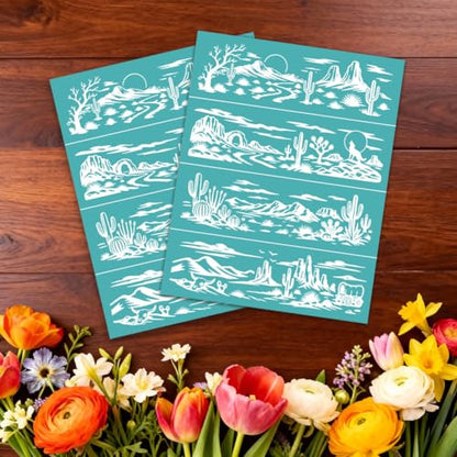 2 Sheets Desert Landscape Silk Screen Stencil, Cactus Mesas Coyotes Self-Adhesive Silk Screen Printing Stencils Reusable Mesh Stencil for Painting on Wall, Wood, T-Shirt, Home Craft Decor - style: Desert Landscape