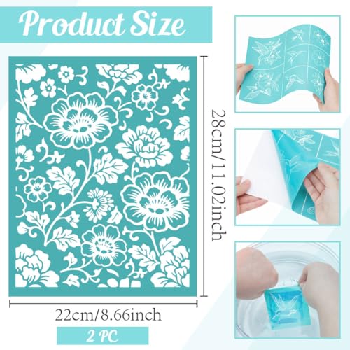 2 Sheets Chinoiserie Peony Floral Silk Screen Stencil, Blue White Porcelain Self-Adhesive Silk Screen Stencils Reusable Mesh Stencil for DIY Crafts, Scrapbooking, Home Decor - style: Chinoiserie Peony