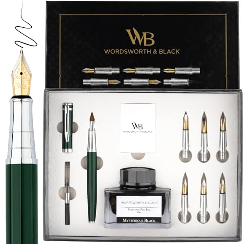 Wordsworth & Black Calligraphy Pen Gift Set, Includes Bottle, 6 Cartridges, Refill Converter, 6 Replacement Nibs, Premium Package, Journaling, Smooth Writing Pens [Green Chrome] - color: Green Chrome