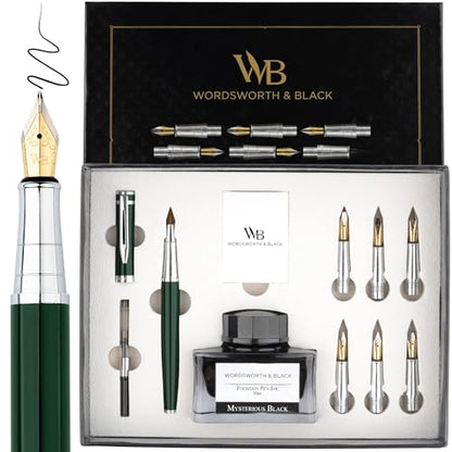 Wordsworth & Black Calligraphy Pen Gift Set, Includes Bottle, 6 Cartridges, Refill Converter, 6 Replacement Nibs, Premium Package, Journaling, Smooth Writing Pens [Green Chrome] - color: Green Chrome