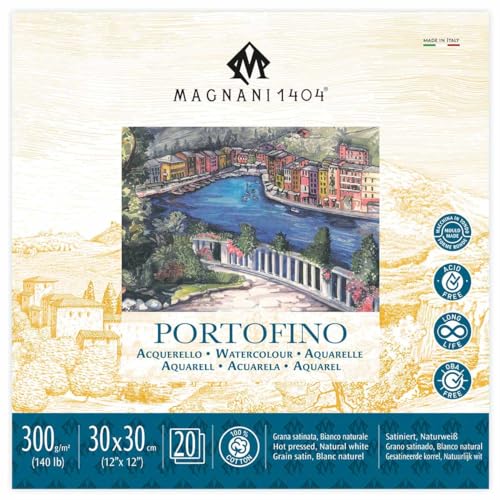 Magnani 1404 Portofino Hot Press 100% Cotton Watercolor Paper Pad, 20 Sheets, 12x12, 140 lb, Acid-Free, UV Resistant, pH-Neutral, Vegan Sized Water Color Paper for Artists, Made in Italy - size: 12x12" Pad
