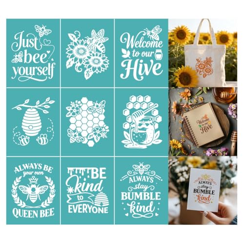 2 Sheet Bee Silk Screen Stencil, Honeycomb Sunflower Self-Adhesive Reusable Silk Screen Printing Stencils Templates for Painting on Wood, Fabric, Walls, Home Decor & DIY Crafts - style: Bee