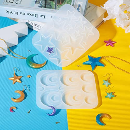 Craftdady 2Pcs Moon Star Pendant Silicone Mold Crescent Moon Resin Jewelry Casting Mold with Screw Eye Pin Peg Bails for DIY Resin Crafts Jewelry Making - color: Whtie, Star & Moon