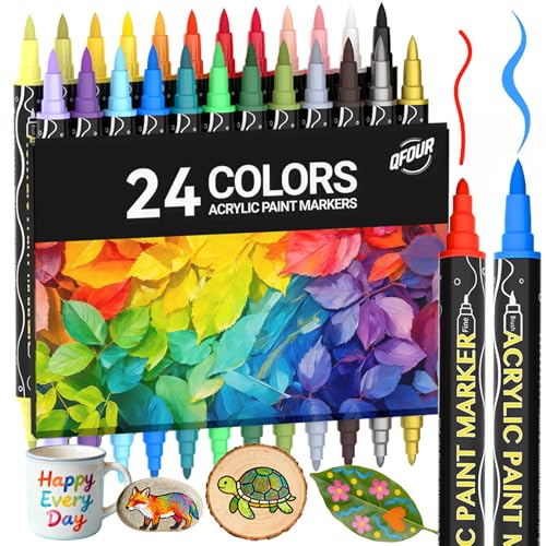 24 Colors Acrylic Markers, Dual Tip Acrylic Paint Markers with Fine & Brush Tip for Rock Painting, Wood, Canvas, Glass, Ceramic, Fabric, DIY Crafts, Art Supplies with Bonus Cards - color: 24 Colors (Fine+Brush Tip)