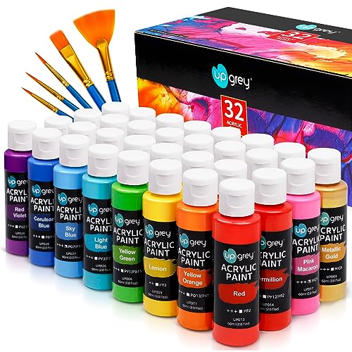 UPGREY 32 Colors Acrylic Paint Set, Non-Toxic Art Paints (2fl Oz/60mL Each) with 5 Craft Paint Brushes for Kids and Adult, Metallic Acrylic Paints for Wood Canvas Crafts Stone Ceramic Model Painting - color: 32 Colors(60 ml/2fl oz