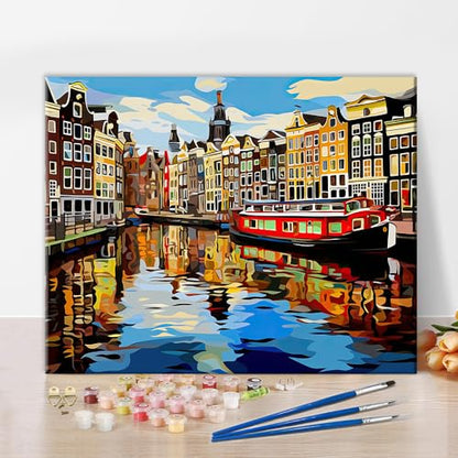TUMOVO ‌Paint by Numbers Kit for Adults Amsterdam Canal Houses Landscape Painting with Spring Trees DIY Art Set Includes 16x20 Inch Canvas Acrylic Paints and Brushes European Cityscape Gift Idea - color: Artwork-03
