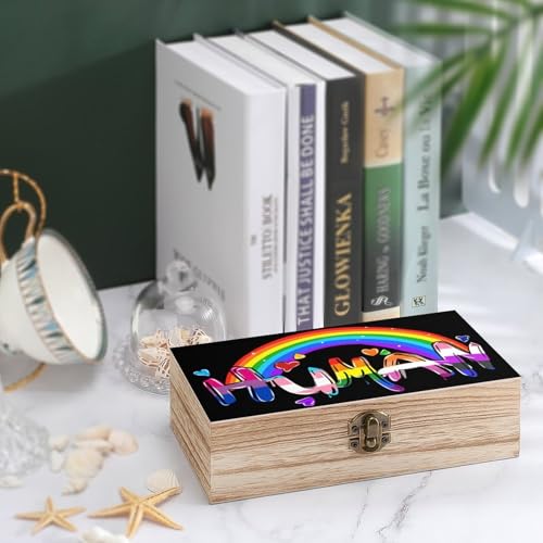 Human LGBTQ Pride Rainbow Flag Jewelry Box Wooden Rustic Multi-Purpose Organizer with Front Clasp for Jewelry, Crafts, Accessories & Small Items - color: style
