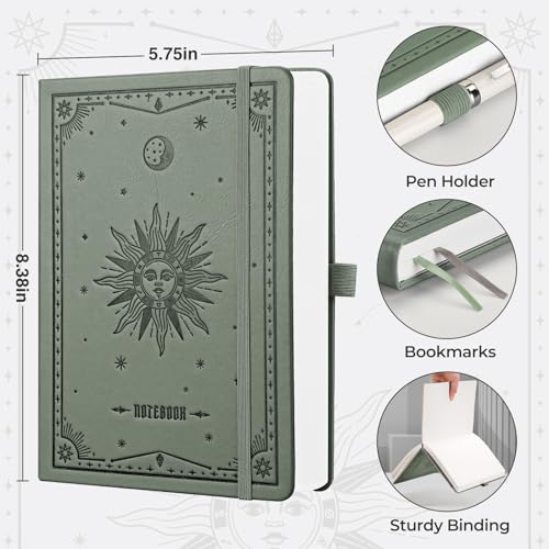 EMSHOI Dotted Journal Notebook, 320 Pages, A5 Small 5.75"x8.38", PU Leather Hardcover, 100 GSM Thick Paper, 5mm Dot Grid Notebook for Journaling, Planning, Drawing, Writing, Green - color: Green, size: A5 Dotted